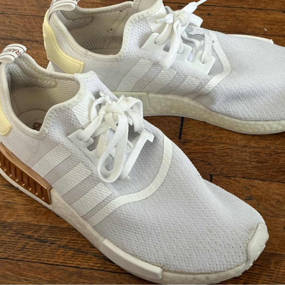 White and Gold Adidas boost nmds